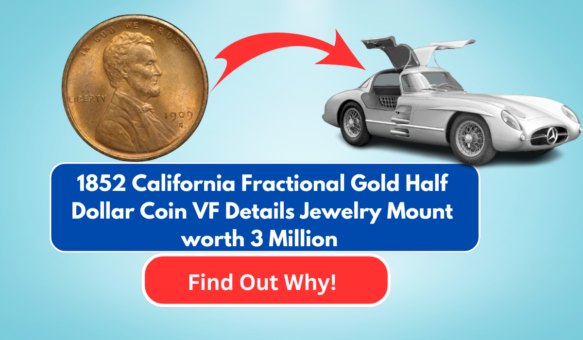 1852 California Fractional Gold Half Dollar Coin VF Details Jewelry Mount worth 3 Million