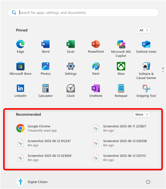 The Recommended section in Windows 11's Start Menu