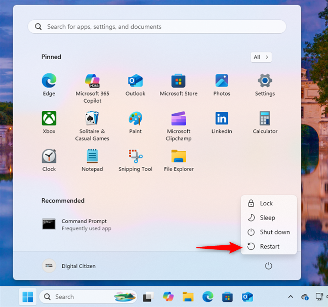 How to restart Windows 11 from the Start Menu