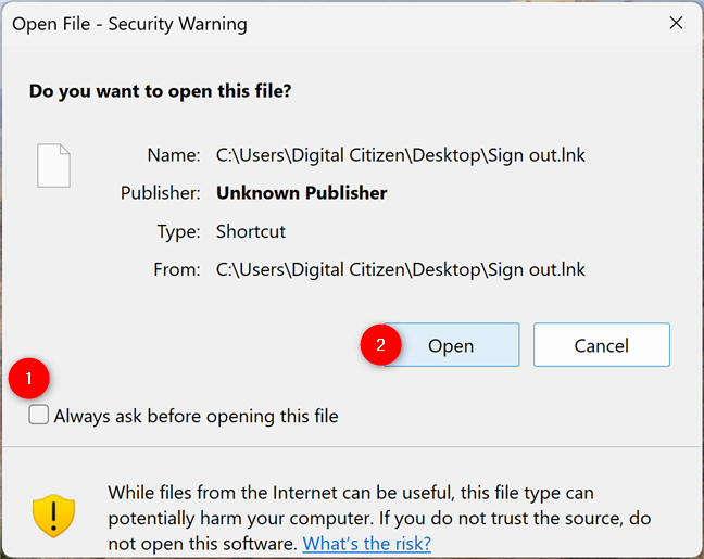 Our shortcut may generate a security warning