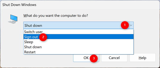 Sign out of Windows 11 using the Shut Down Windows pop-up