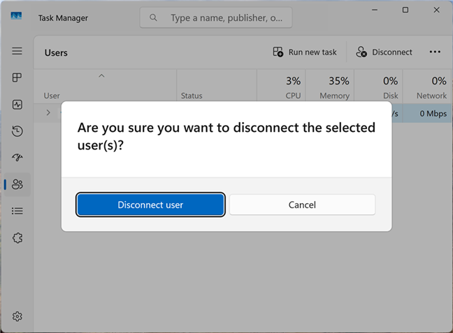 Confirm you want to Disconnect user in Windows 11